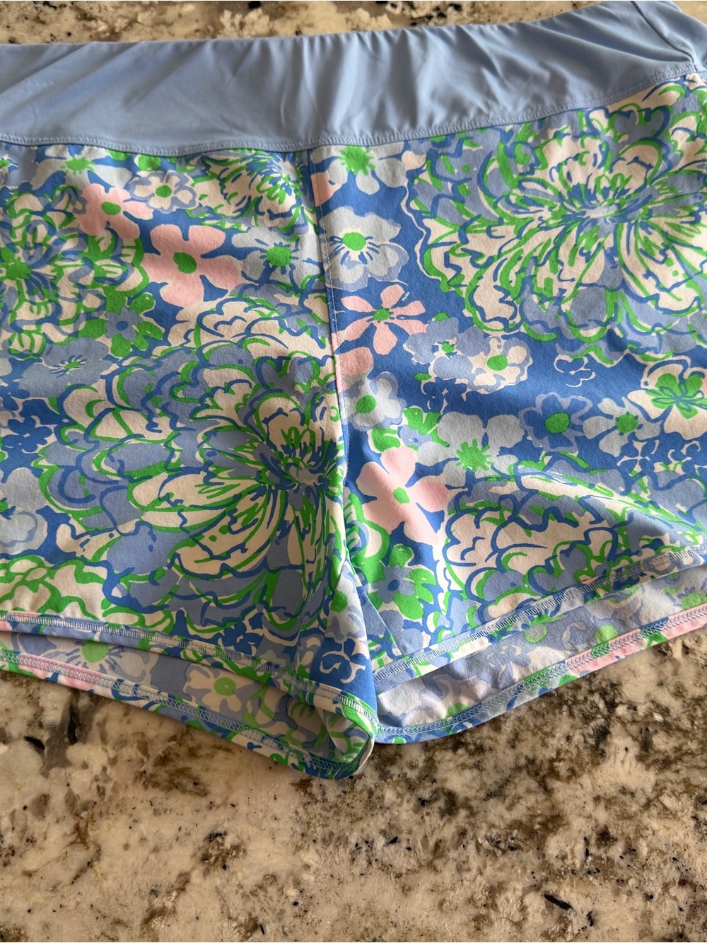 Lilly Pulitzer Blue Floral Athletic Shorts with Pink & Green Accents